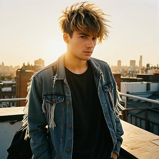 Young Man Wearing Fringed Denim Jacket on Urban Rooftop at Sunset