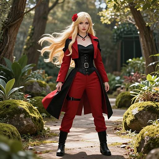 Blonde Woman in Red and Black Gothic Cosplay Outfit in Garden