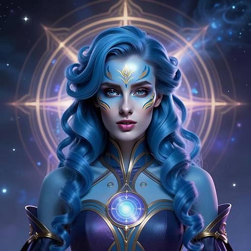 Futuristic Blue-Haired Woman with Mystical Armor and Cosmic Background