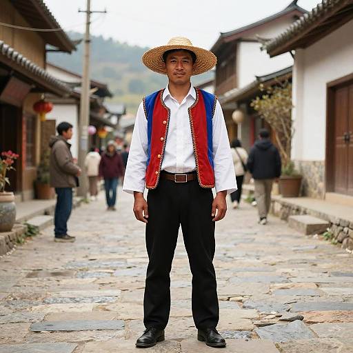 Man in Traditional Vest and Straw Hat on Cobblestone Street in Village