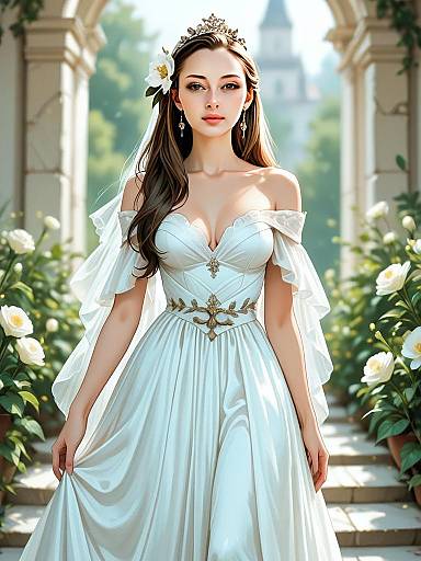 Elegant Woman in White Gown Digital Comic Illustration