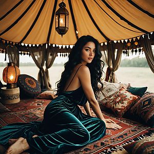 Elegant Woman in Velvet Dress Posing Inside Bohemian Tent