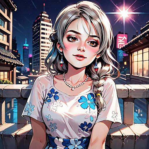 Anime-Style Portrait of Woman in Floral Top Against Vibrant Night Cityscape