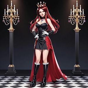 Confident Woman in Regal Outfit on Checkered Floor