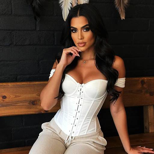 Confident Woman in White Corset Top and Beige Pants Sitting on Bench