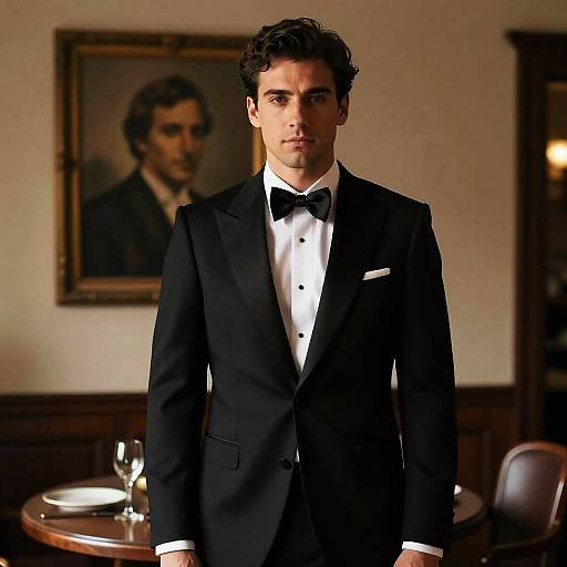 Elegant Young Man in Classic Black Tuxedo with Bow Tie in Vintage Room
