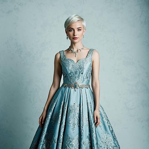 Elegant Woman in Light Blue Embroidered Ball Gown with Jewelry