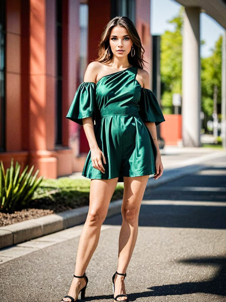 Stylish Young Woman in Green Romper