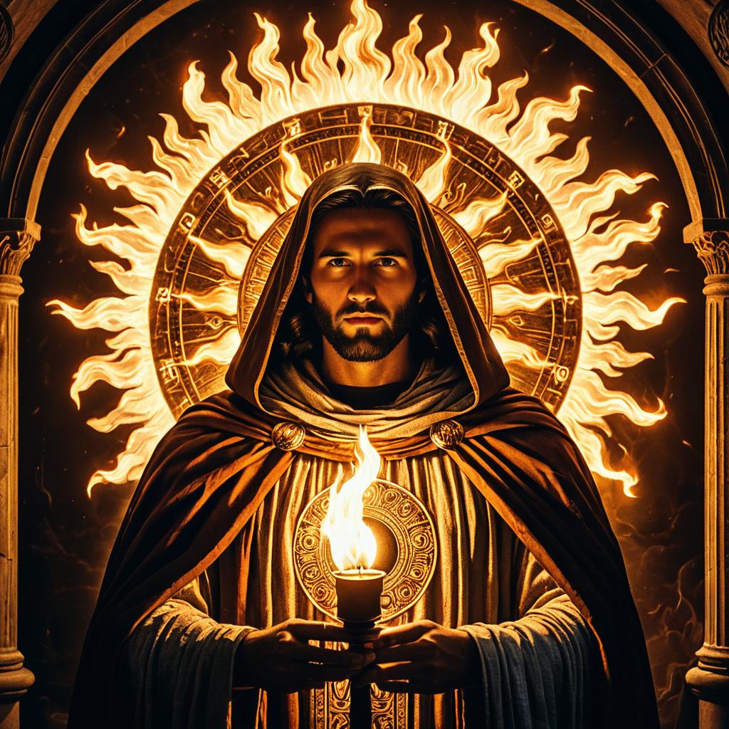 Mystical Hooded Man Holding Flame with Fiery Sun Halo