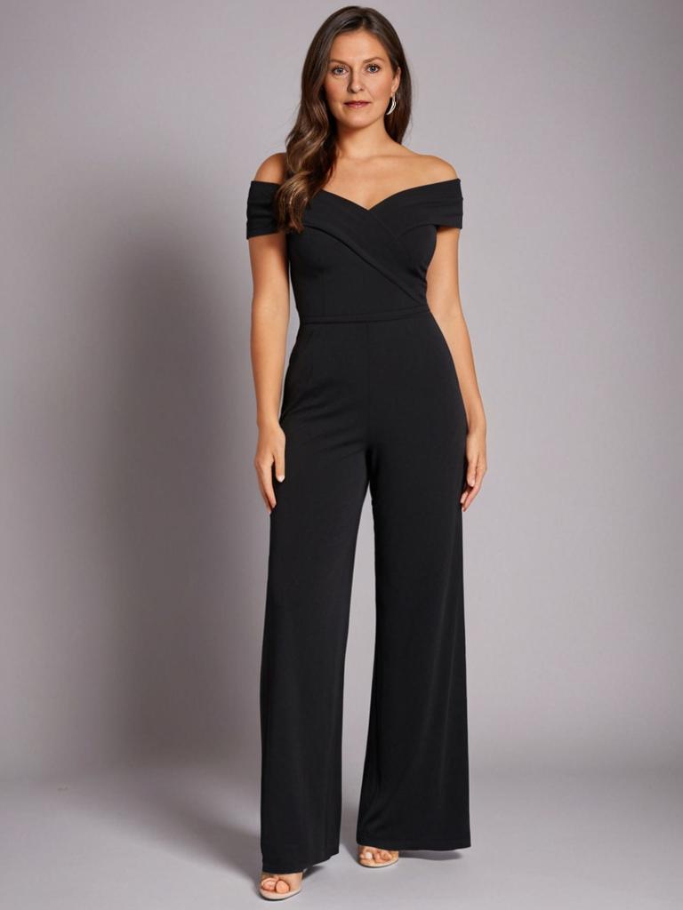 Confident Woman in Elegant Black Off-the-Shoulder Jumpsuit