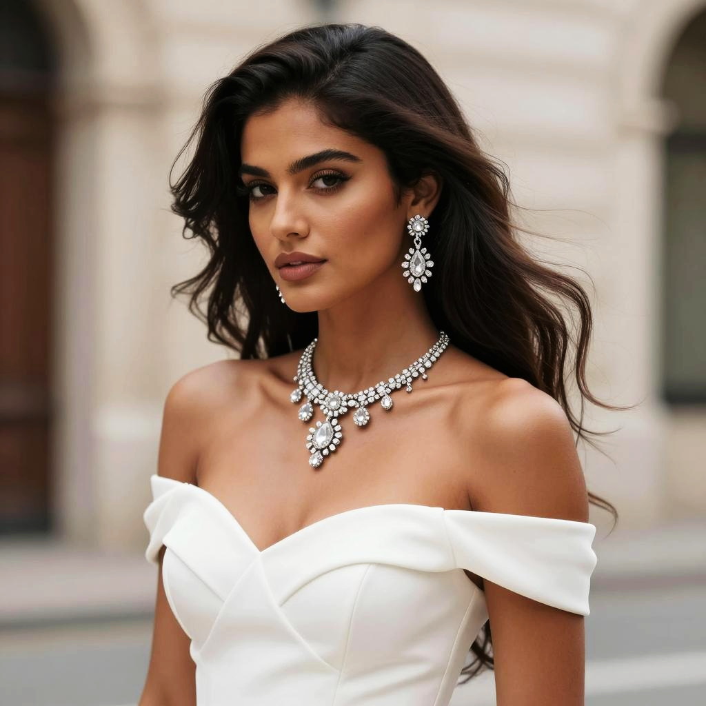 Elegant Woman in Off-Shoulder Dress with Statement Jewelry