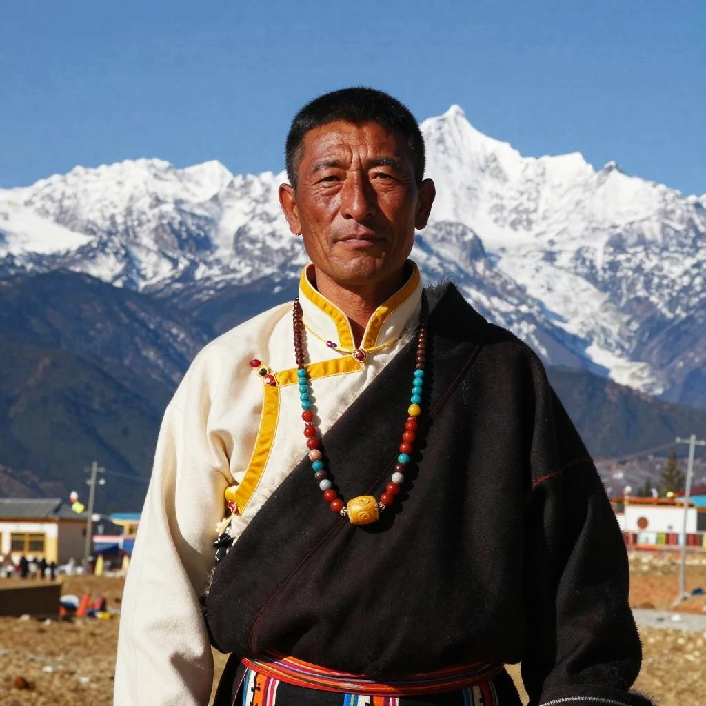 Traditional Tibetan Man in Cultural Attire with Himalayan Mountains Background