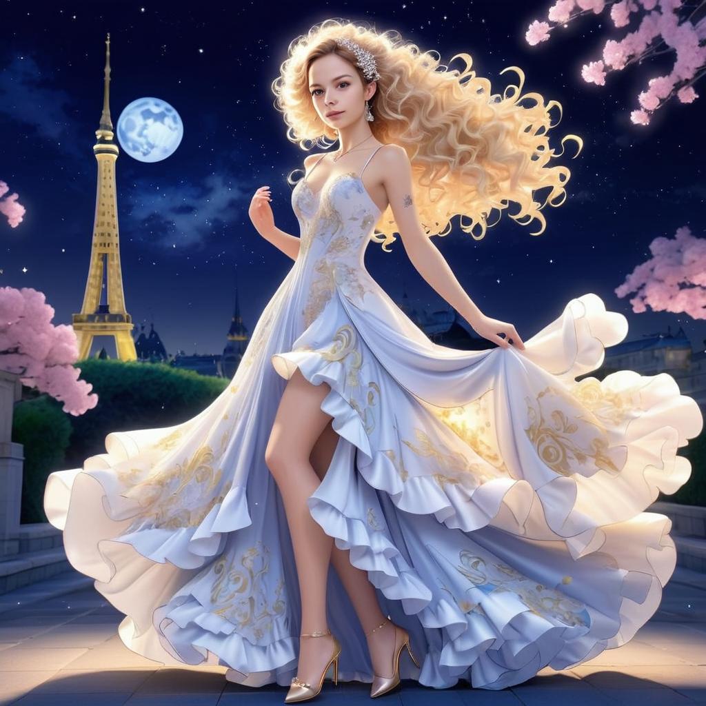 Elegant Woman in Dress Against Eiffel Tower Night Sky Elegant Woman in Dress Against Eiffel Tower Night Sky