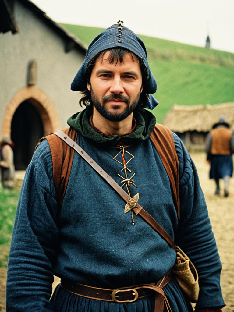 Medieval Peasant Man in Traditional Costume Outdoors