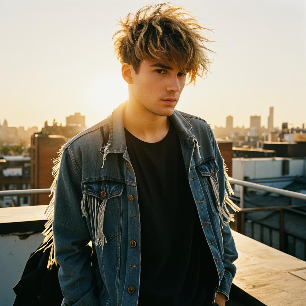 Young Man Wearing Fringed Denim Jacket on Urban Rooftop at Sunset