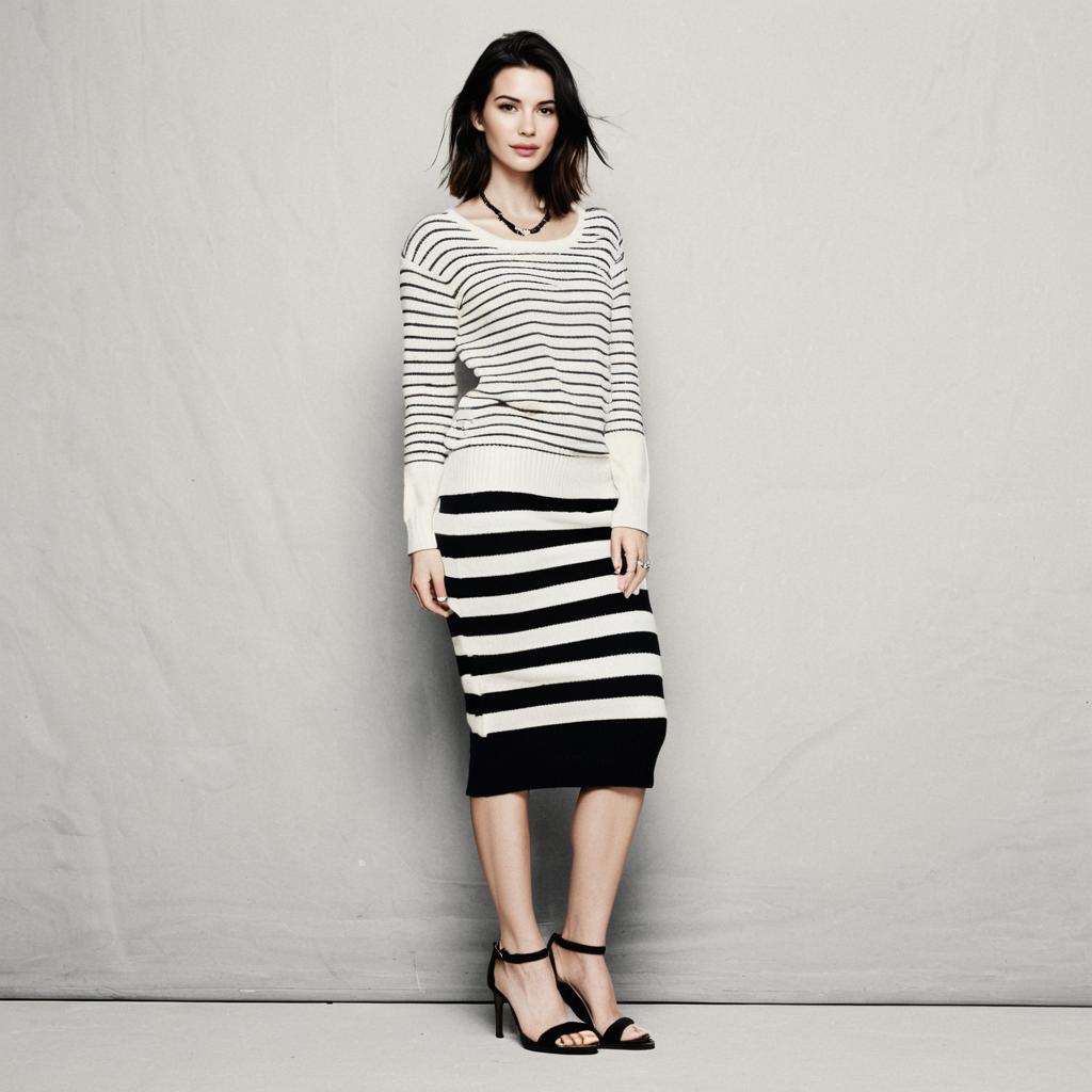 Woman in Casual Chic Cream Lightweight Knit Sweater with Scoop Neck and Striped Skirt