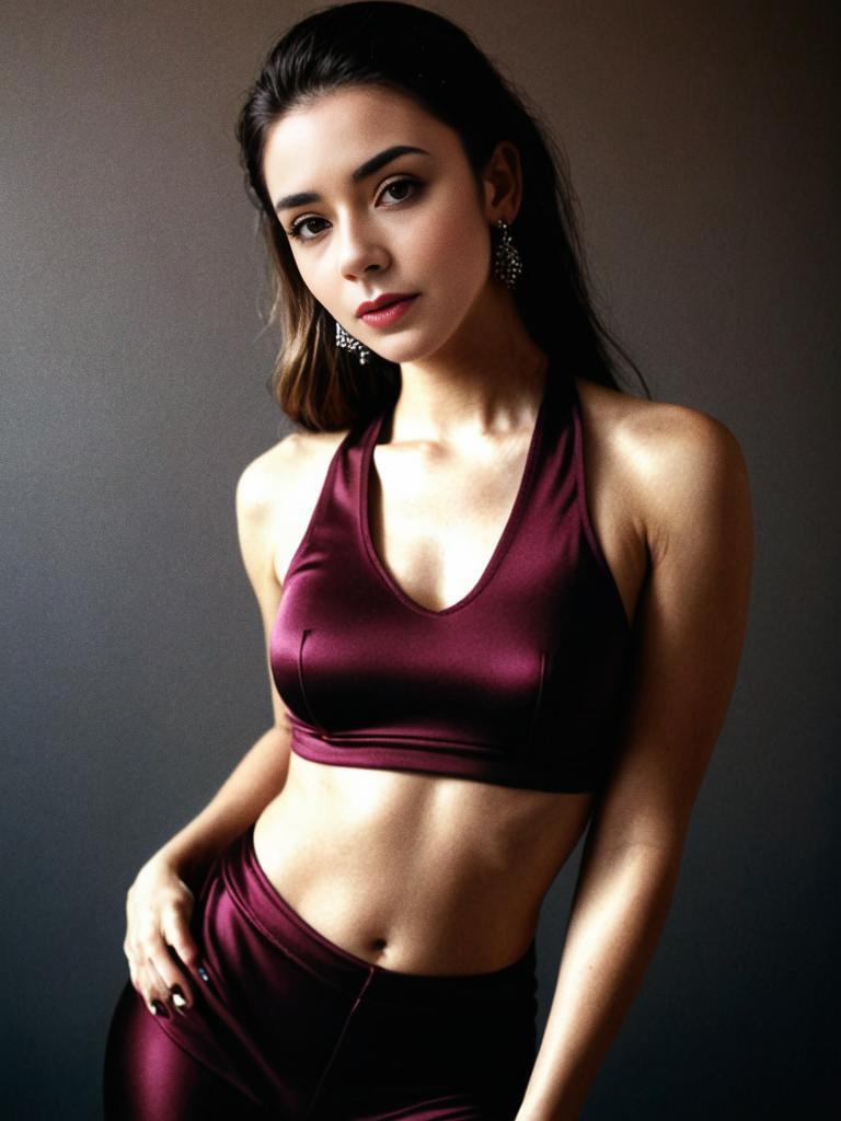 Confident Woman in Burgundy Sports Bra and Leggings