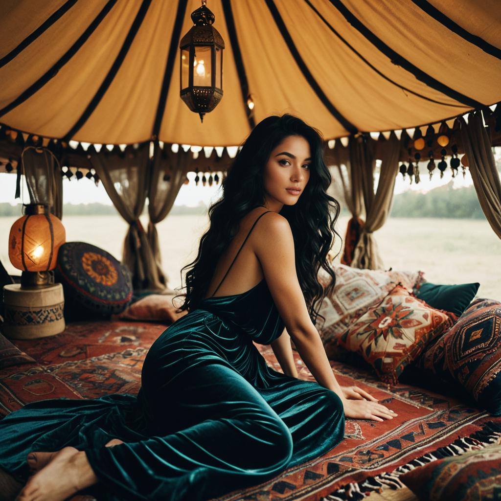 Elegant Woman in Velvet Dress Posing Inside Bohemian Tent