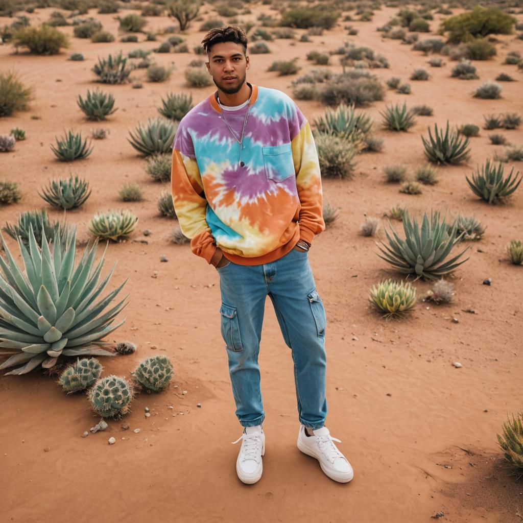 Young Man in Tie-Dye Sweatshirt in Desert Landscape