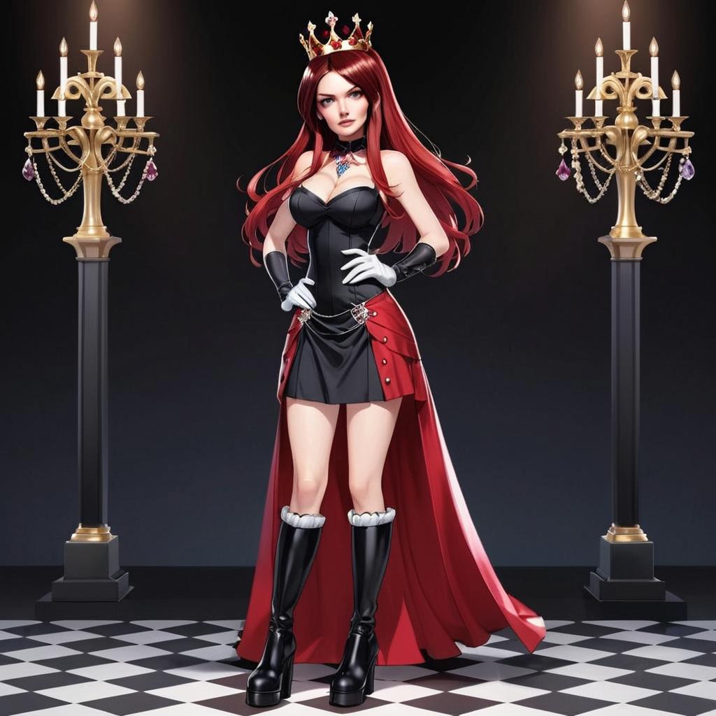 Confident Woman in Regal Outfit on Checkered Floor