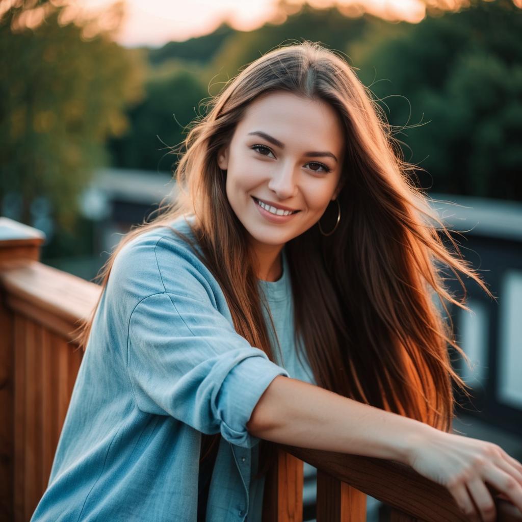 Young Woman Smiling Outdoors at Golden Hour with Long Hair