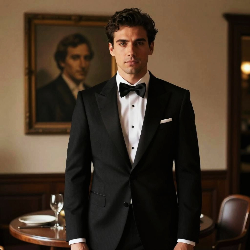 Elegant Young Man in Classic Black Tuxedo with Bow Tie in Vintage Room