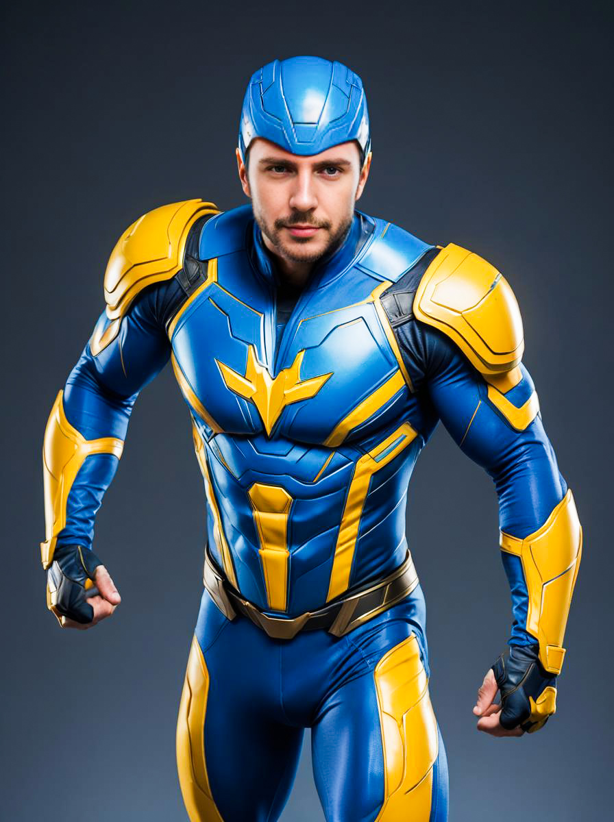 Muscular Man in Yellow and Blue Superhero Costume