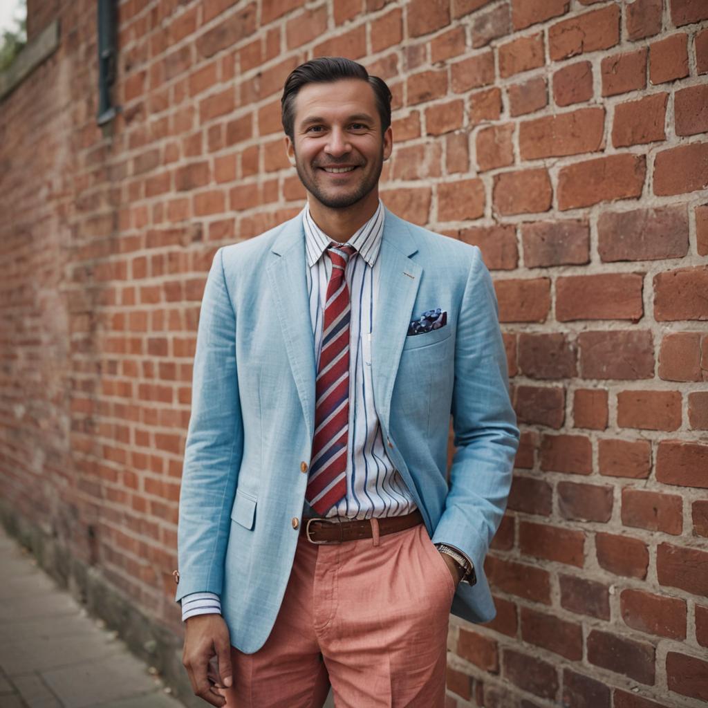 Stylish man in light blue blazer and coral trousers