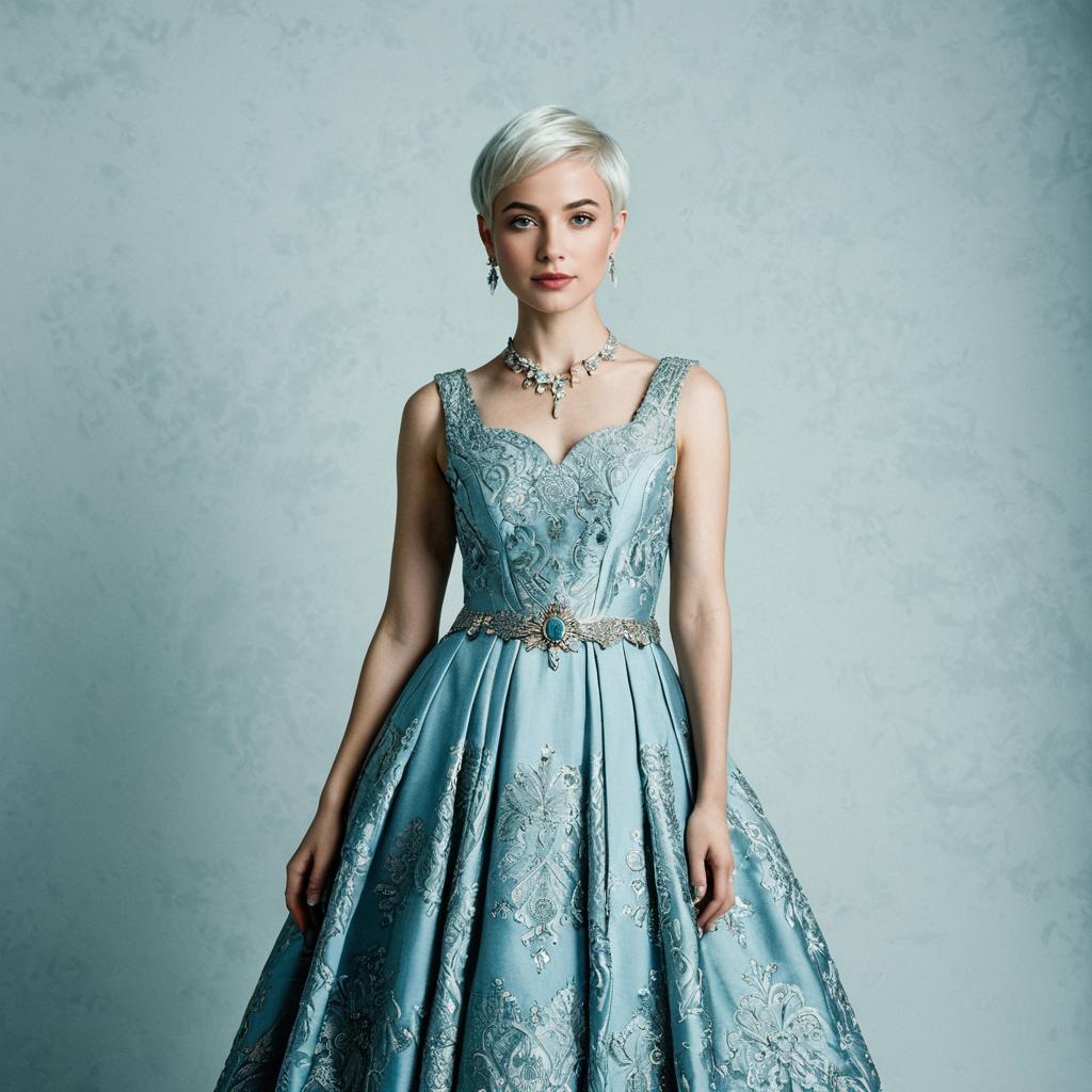 Elegant Woman in Light Blue Embroidered Ball Gown with Jewelry