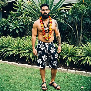 Man in Hawaiian Lei and Shorts in Tropical Garden