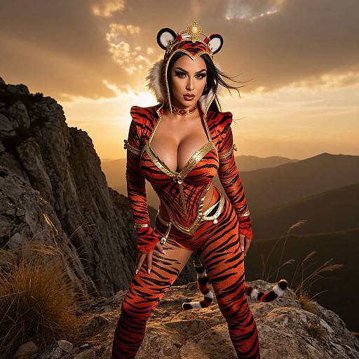 Woman in Striking Tiger Costume on Rocky Mountain at Sunset