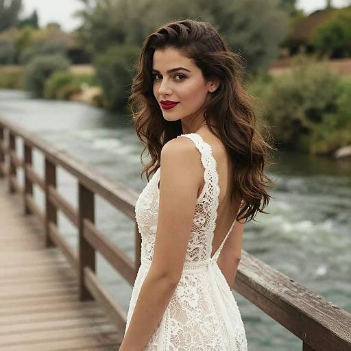 Bohemian Style Woman in White Lace Dress on Wooden Bridge by River