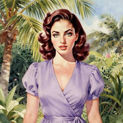 Vintage Pin-Up Style Woman in Lavender Dress with Tropical Background