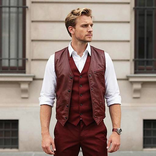 Man Wearing Red Tailored and Leather Vests with White Shirt in Urban Setting