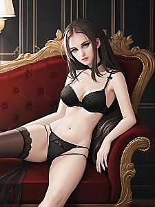 Elegant Woman in Black Lingerie on Vintage Red Velvet Armchair Digital Art