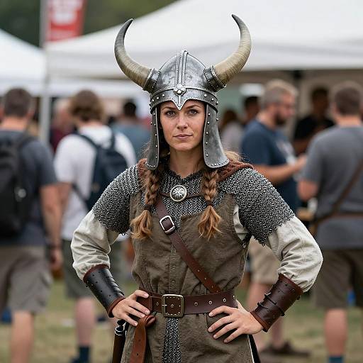 Woman in Viking Warrior Costume with Horned Helmet and Chainmail
