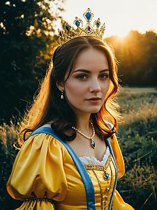 Photorealistic Outdoor Portrait of Woman in Yellow Princess Costume with Crown