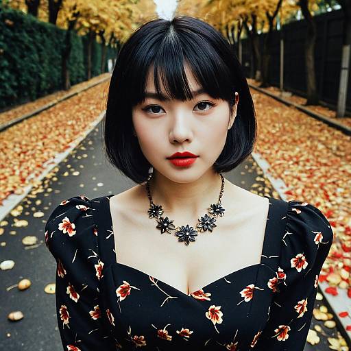 Elegant Asian Woman in Black Floral Dress on Autumn Path