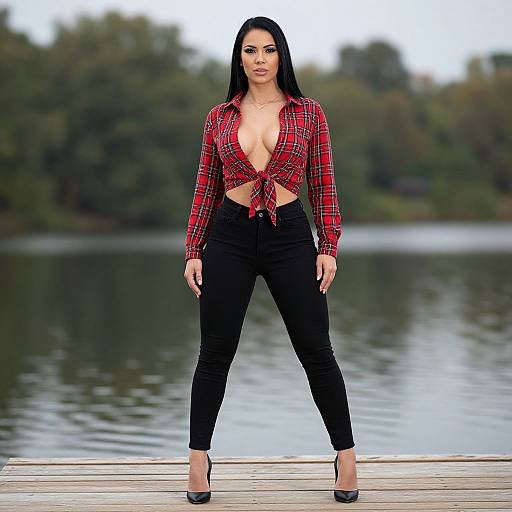 Confident Woman in Red Plaid Shirt and Black Pants Standing on Lakeside Dock