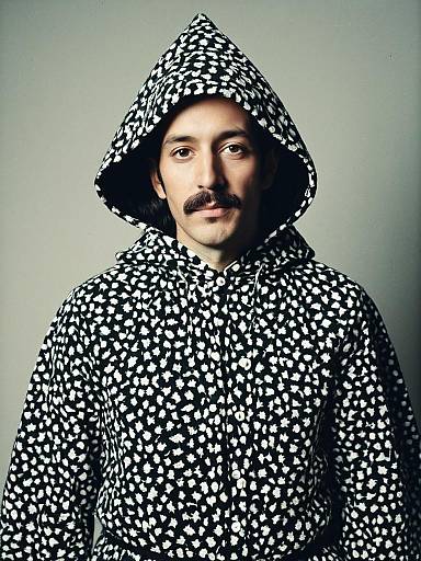 Man in Black and White Patterned Funny Fancy Dress Outfit with Hood