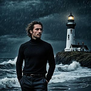 Contemplative Man on Stormy Shoreline with Lighthouse
