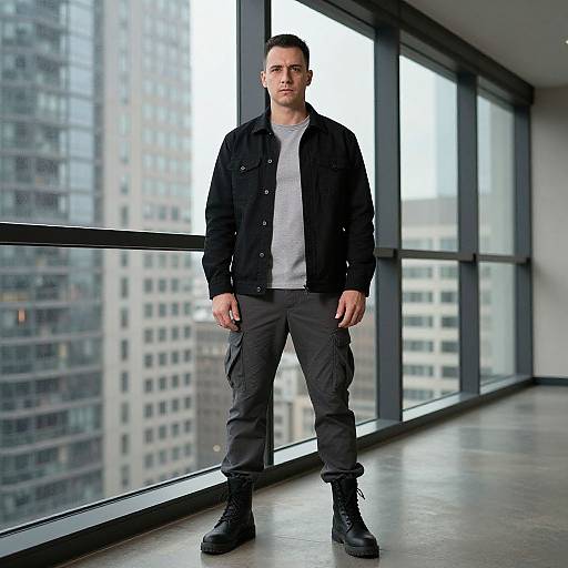 Confident Man in Casual Urban Outfit Standing by Cityscape Windows