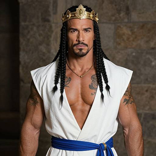 Muscular Man in White Robe with Golden Crown and Blue Sash Standing Against Stone Wall