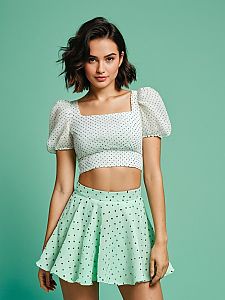 Contemporary Chic Woman in White Textured Crop Top and Polka Dot Skirt