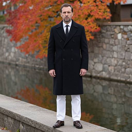 Man in Black Overcoat and White Pants Standing by Canal in Autumn