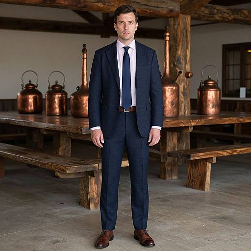 Man in Navy Blue Suit Standing in Rustic Setting with Copper Kettles