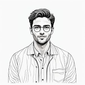 Black-and-white sketch of man in glasses and striped shirt