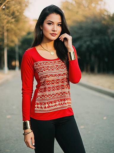 Woman Wearing Casual Red Long Sleeve Graphic Print Top with Scoop Neck