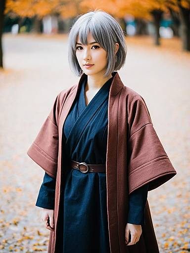 Woman in Traditional Japanese Kimono with Silver Hair in Autumn