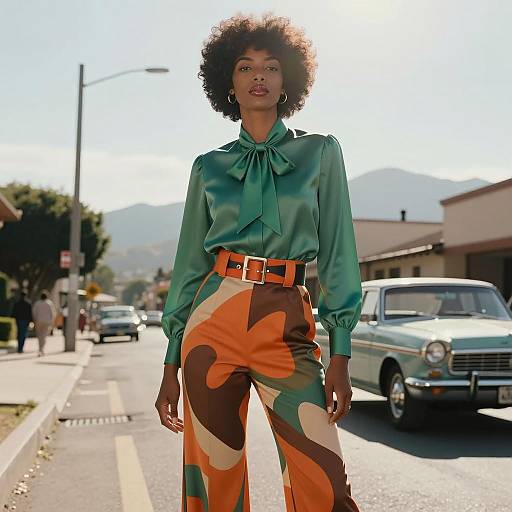 Retro Inspired Fashion Portrait of Woman in Green Blouse and Abstract Patterned Pants